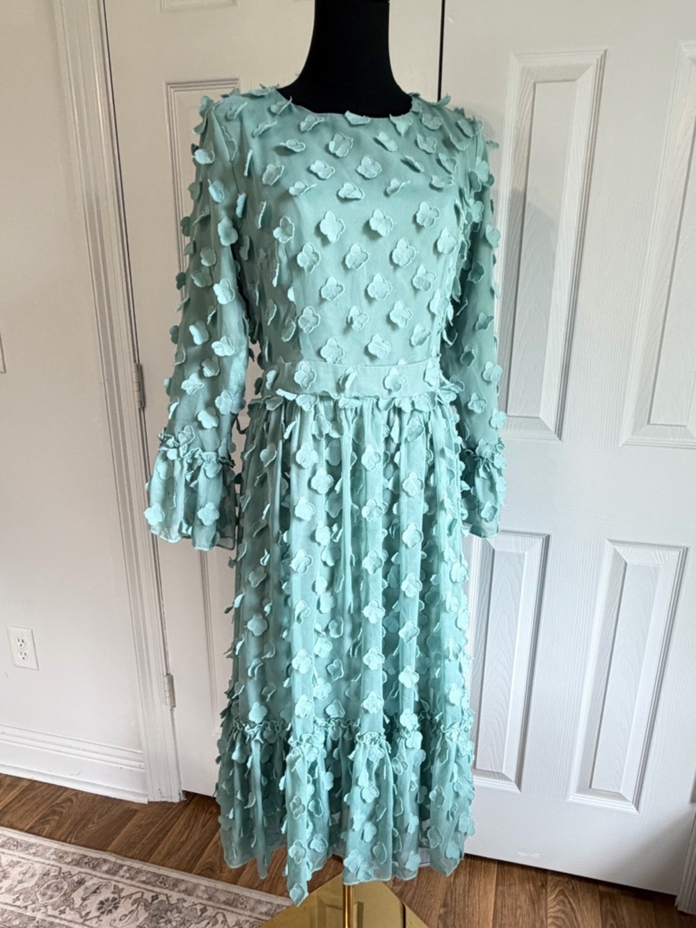 Dainty Jewells Mint Green 3D Floral Midi Dress Size M Modest church Spring